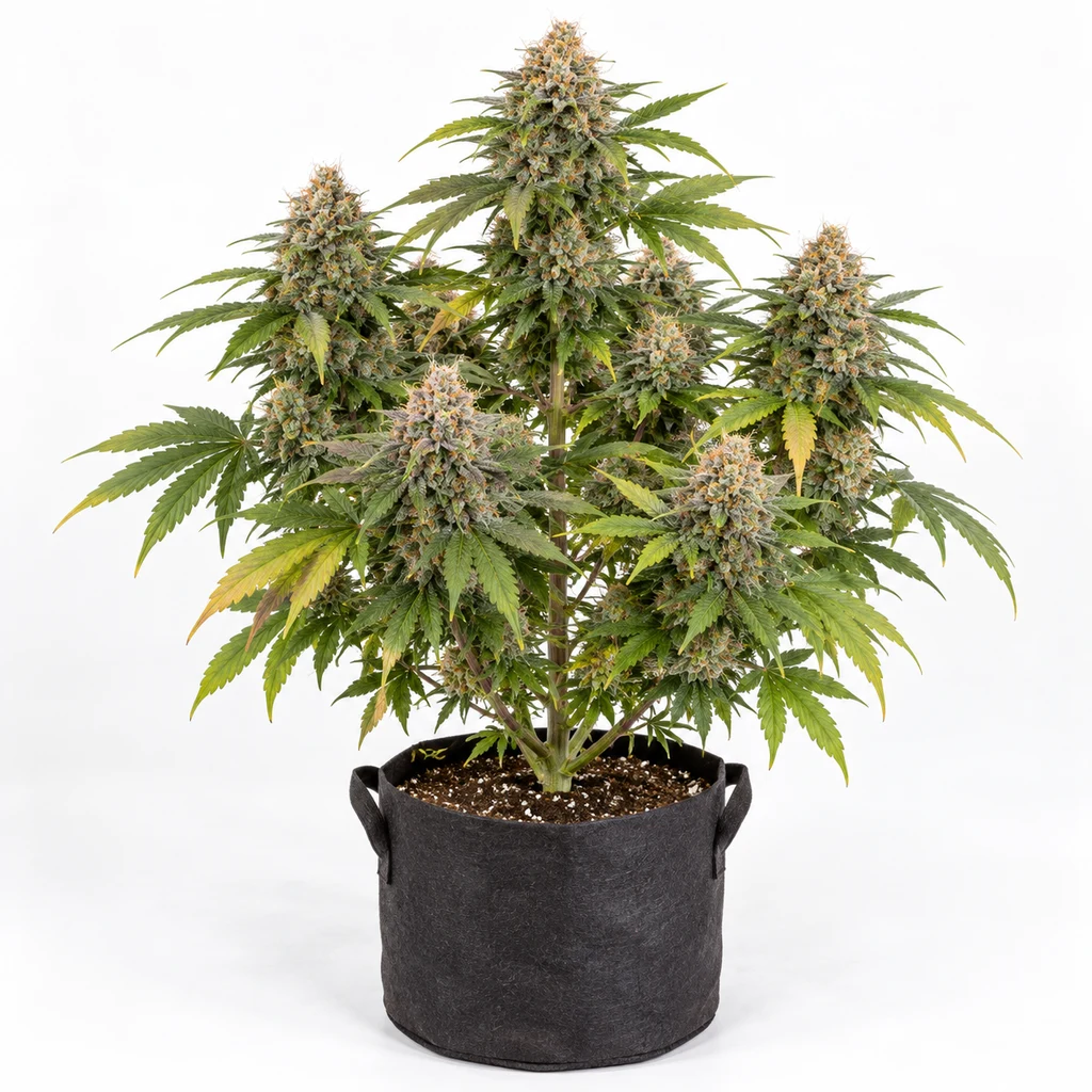 Ilustración de una planta de cannabis con flores densas y hojas verdes y amarillas en maceta negra para la ficha de Melon Gum Feminizada.