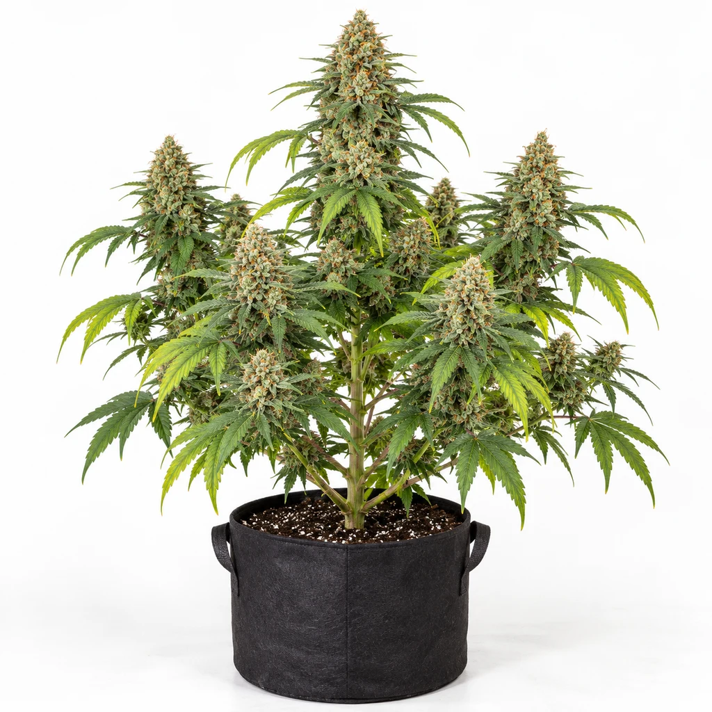 Ilustración de planta de cannabis ramificada con abundantes cogollos en maceta negra, para la ficha de Expert Gorilla Feminizada.