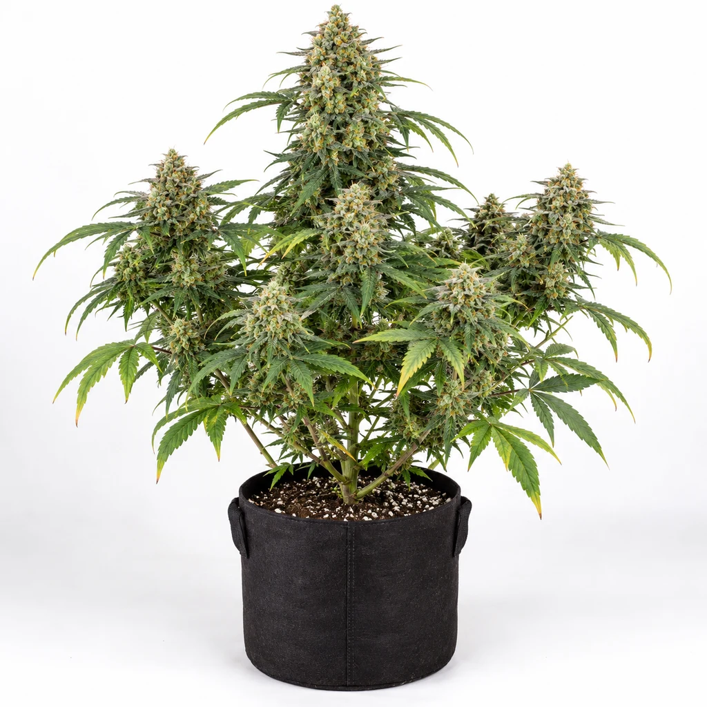 Ilustración de una planta de cannabis con flores abundantes en maceta negra para la ficha de Gorilla Glue Auto de Seed Stockers.