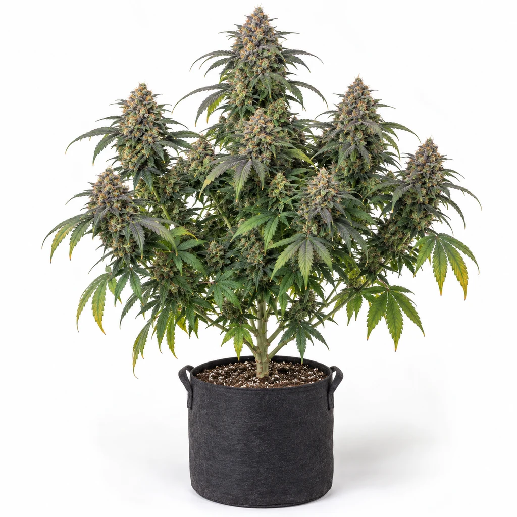 Ilustración de una planta con abundantes cogollos en maceta textil negra para la ficha de Lithium OG Kush Feminizada de Nirvana Seeds.