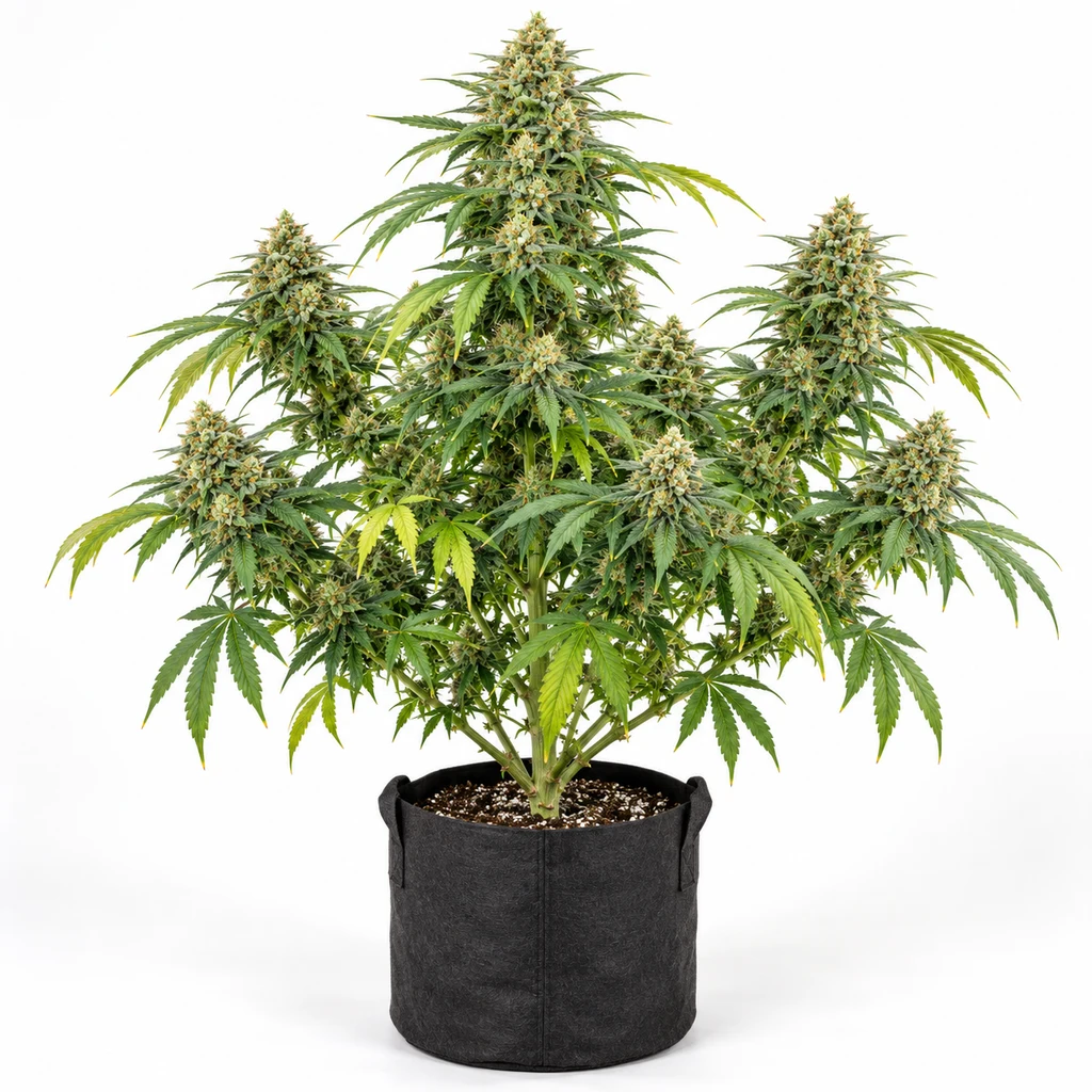 Ilustración de una planta de cannabis en floración para la ficha de Lemon King Feminizada, en maceta negra y sobre fondo blanco.