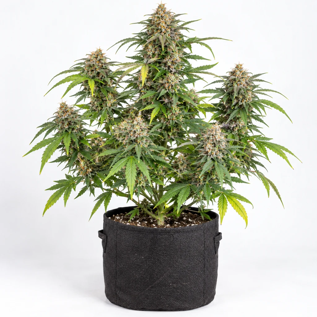 Ilustración de una planta de cannabis en floración, en maceta negra de tela, para la ficha de Crystal Candy Auto de Sweet Seeds.