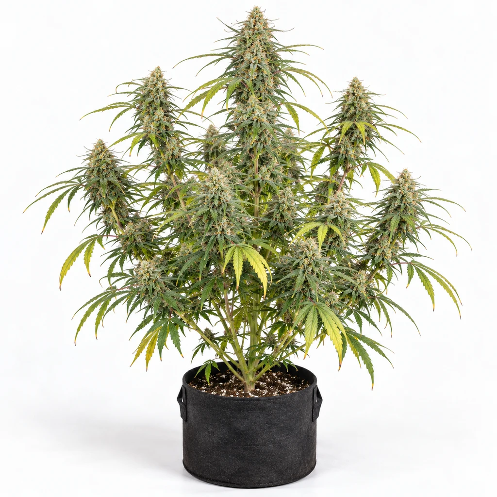 Ilustración de una planta de cannabis ramificada, con cogollos alargados y hojas amarillentas, para la ficha de The Doors Regular.