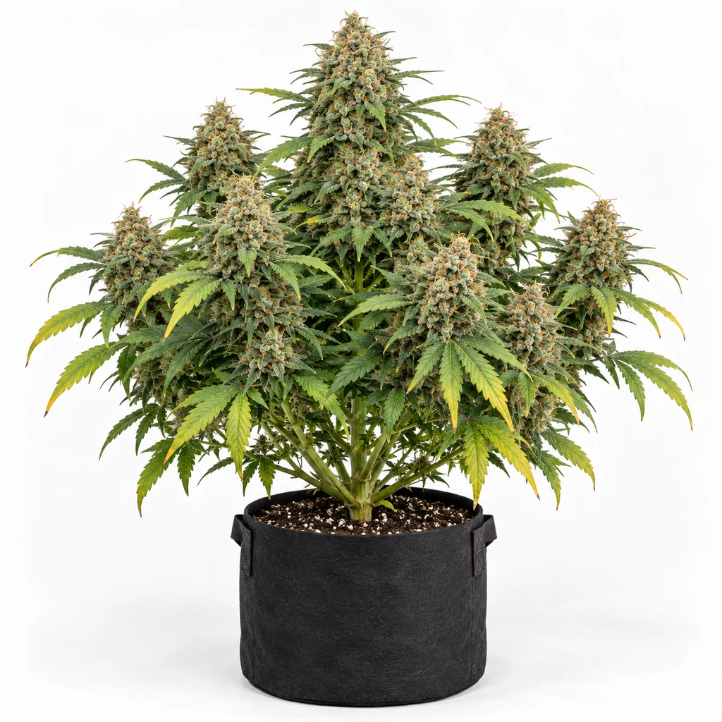 Ilustración de una planta en floración para la ficha de Original Auto Chemdawg de Fast Buds, con cogollos densos y maceta negra.