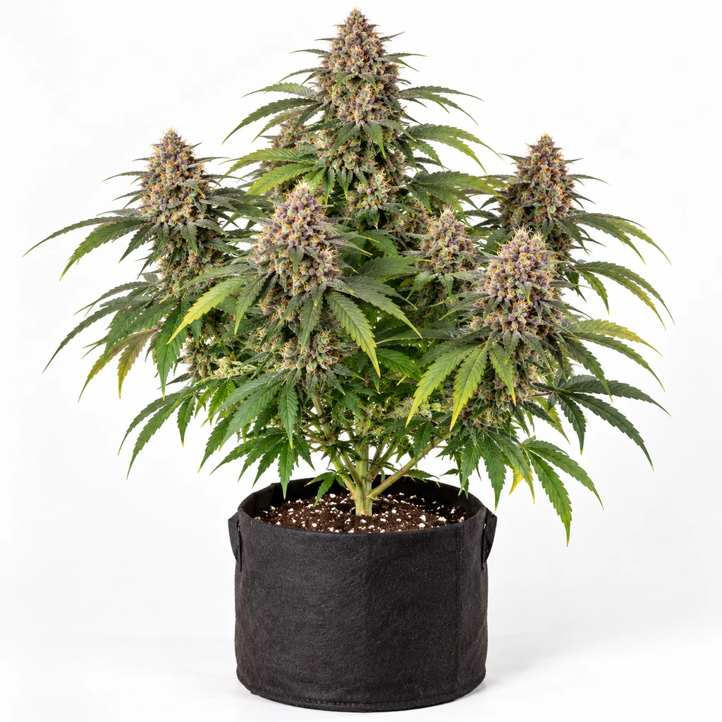 Ilustración de una planta de cannabis con flores de tonos verdes y morados en maceta negra, para la ficha de Lemon Cherry Gelato Feminizada.