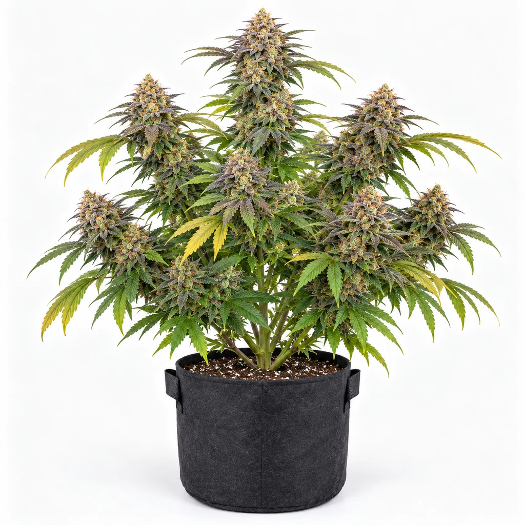 Ilustración de planta para la ficha de Oracle Octane Feminizada, con cogollos de tonos morados y hojas verdes y amarillas en maceta negra.