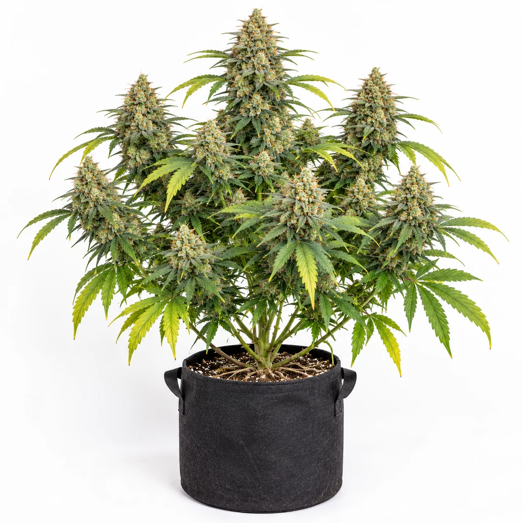 Ilustración de una planta de cannabis para la ficha de Air Lemon Feminizada, con numerosas flores y hojas verdes y amarillas en maceta negra.