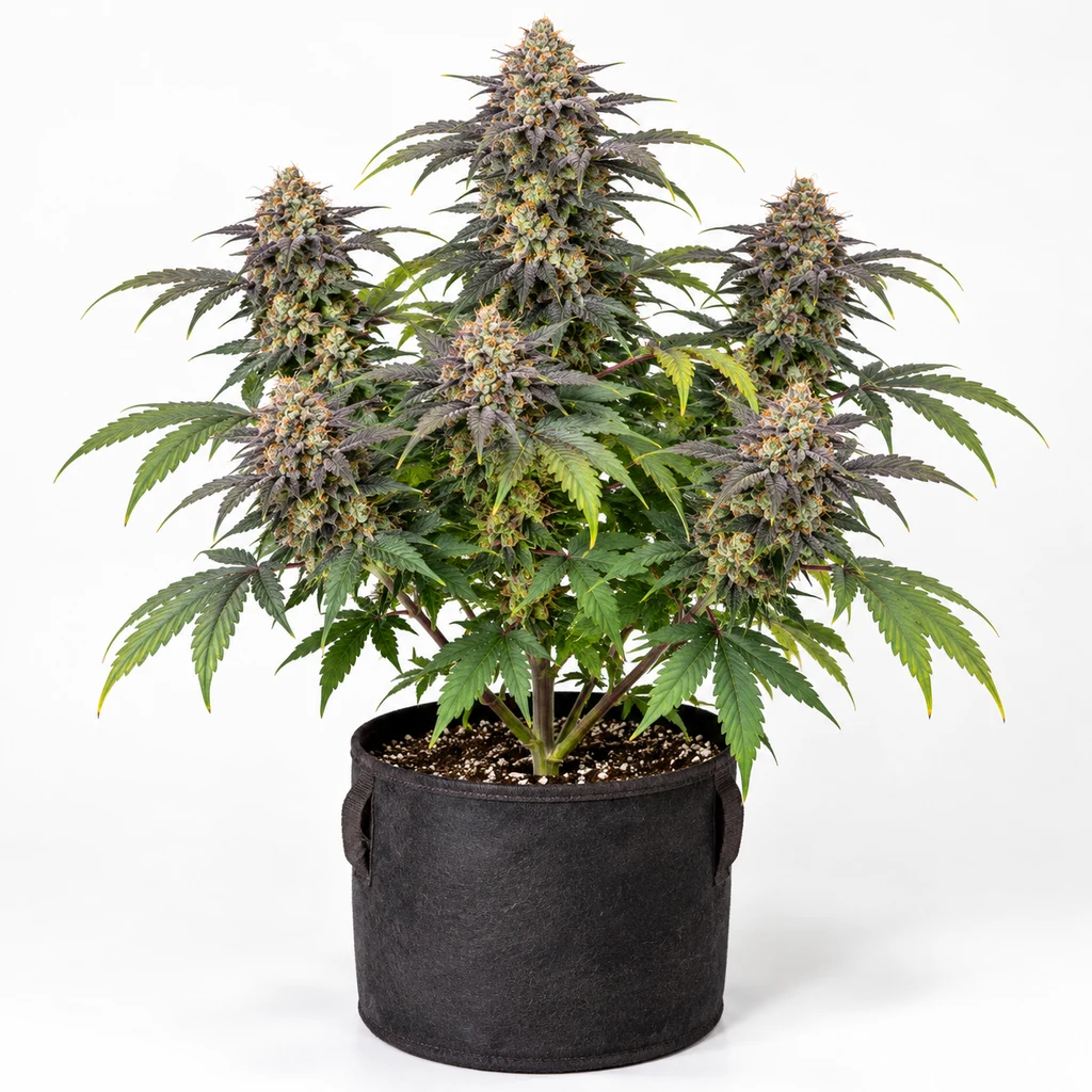 Ilustración de una planta de cannabis en floración para la ficha de Acai Mintz Feminizada, en maceta negra sobre fondo blanco.