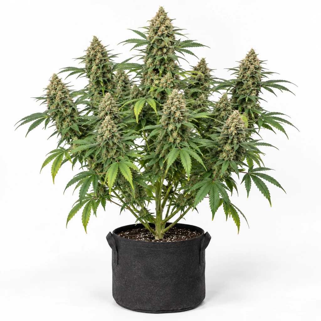 Ilustración de una planta de cannabis ramificada y en floración, en maceta negra, para la ficha de Whiplash Feminizada.