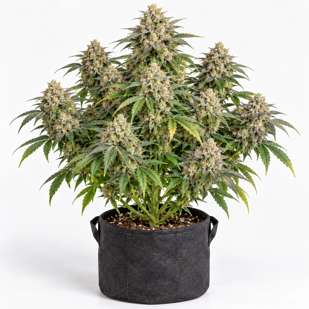 Ilustración de una planta en floración para la ficha de Frostbanger Auto, con varias colas y hojas verdes en una maceta textil negra.