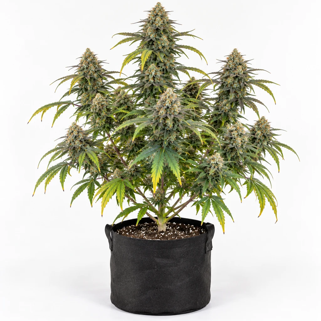 Ilustración de una planta de cannabis en maceta negra, con flores abundantes y hojas verdes y amarillas, para la ficha de Banana OG Feminizada.