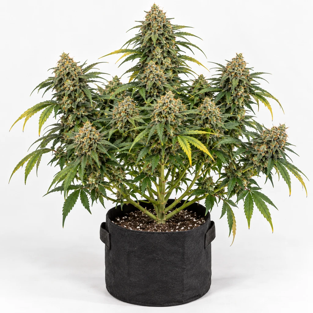 Ilustración de una planta de cannabis con varias colas y hojas verdes y amarillas en maceta negra para la ficha de Fullgas Feminizada.