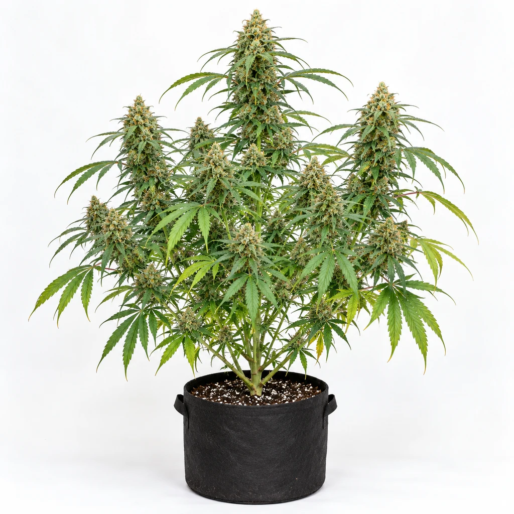 Ilustración de una planta en floración para la ficha de Swiss-XT Regular, con cogollos alargados y maceta negra sobre fondo blanco.