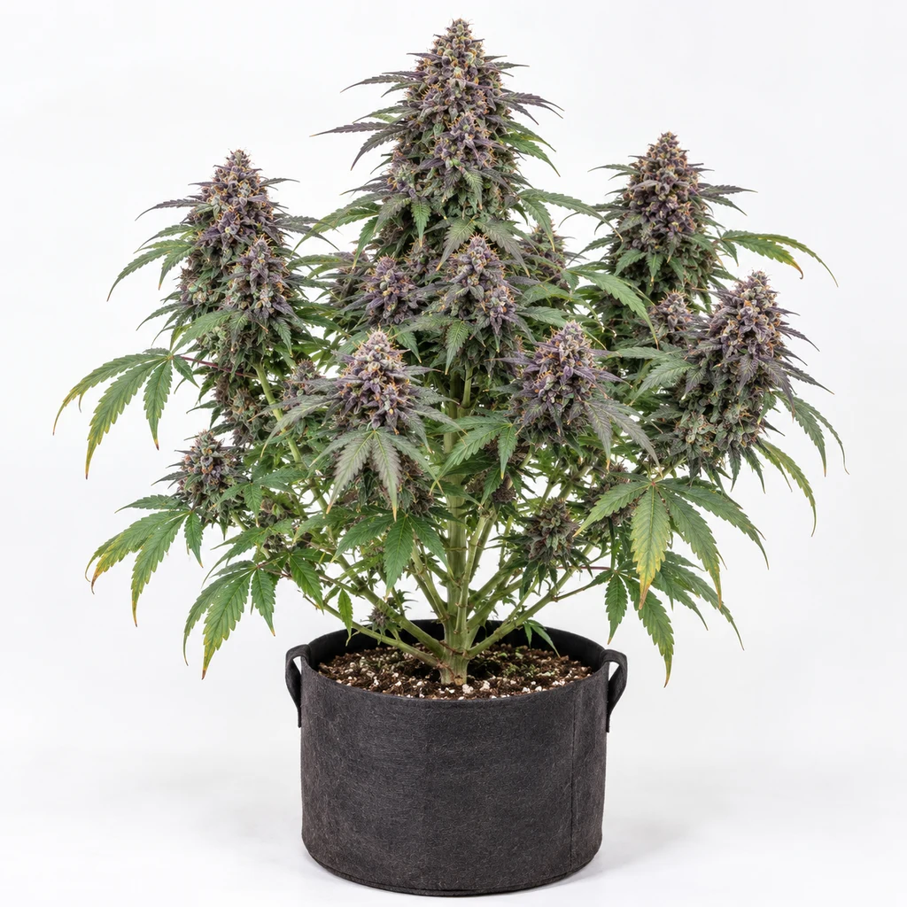 Ilustración de una planta con flores moradas en maceta textil negra para la ficha de Grandaddy Purple Feminizada de Blimburn Seeds.