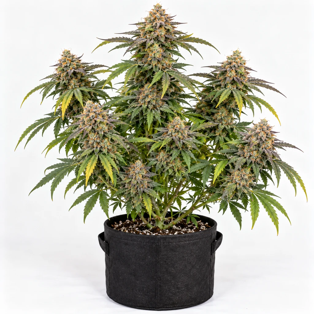 Ilustración de una planta de cannabis en floración para la ficha de Peach Zcream Regular, con varios cogollos y maceta negra sobre fondo blanco.