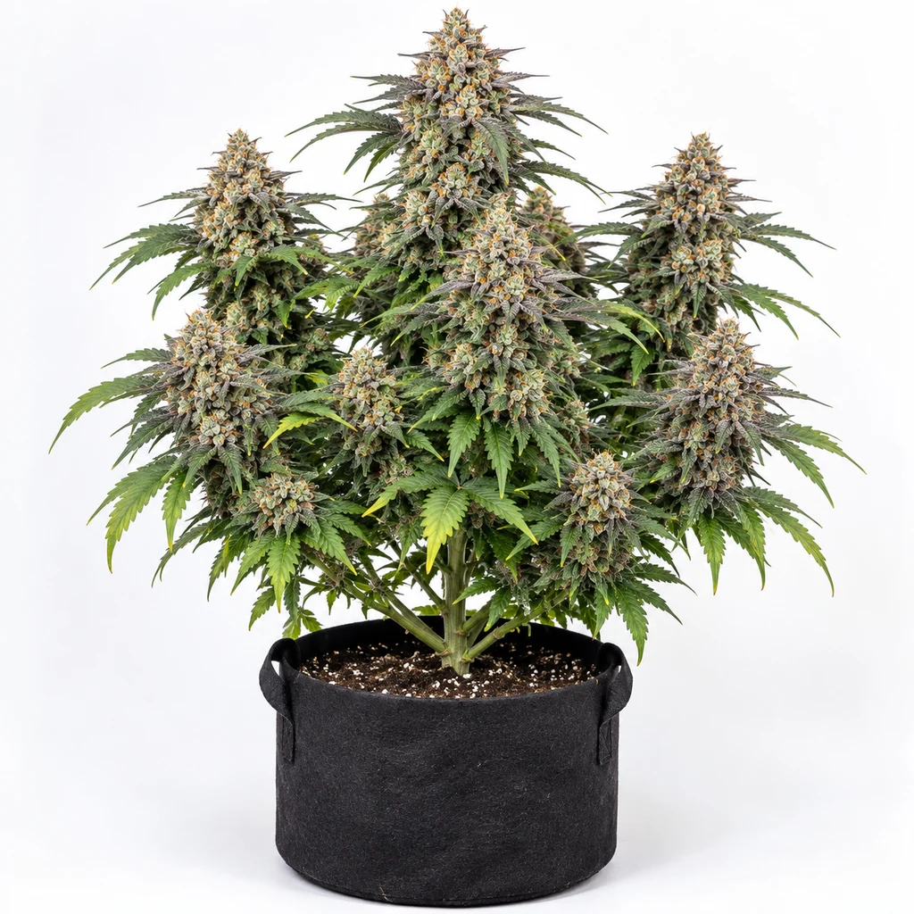 Ilustración de una planta de cannabis en floración en maceta negra de tela para la ficha de Wedding Cake Feminizada de Original Sensible Seeds.