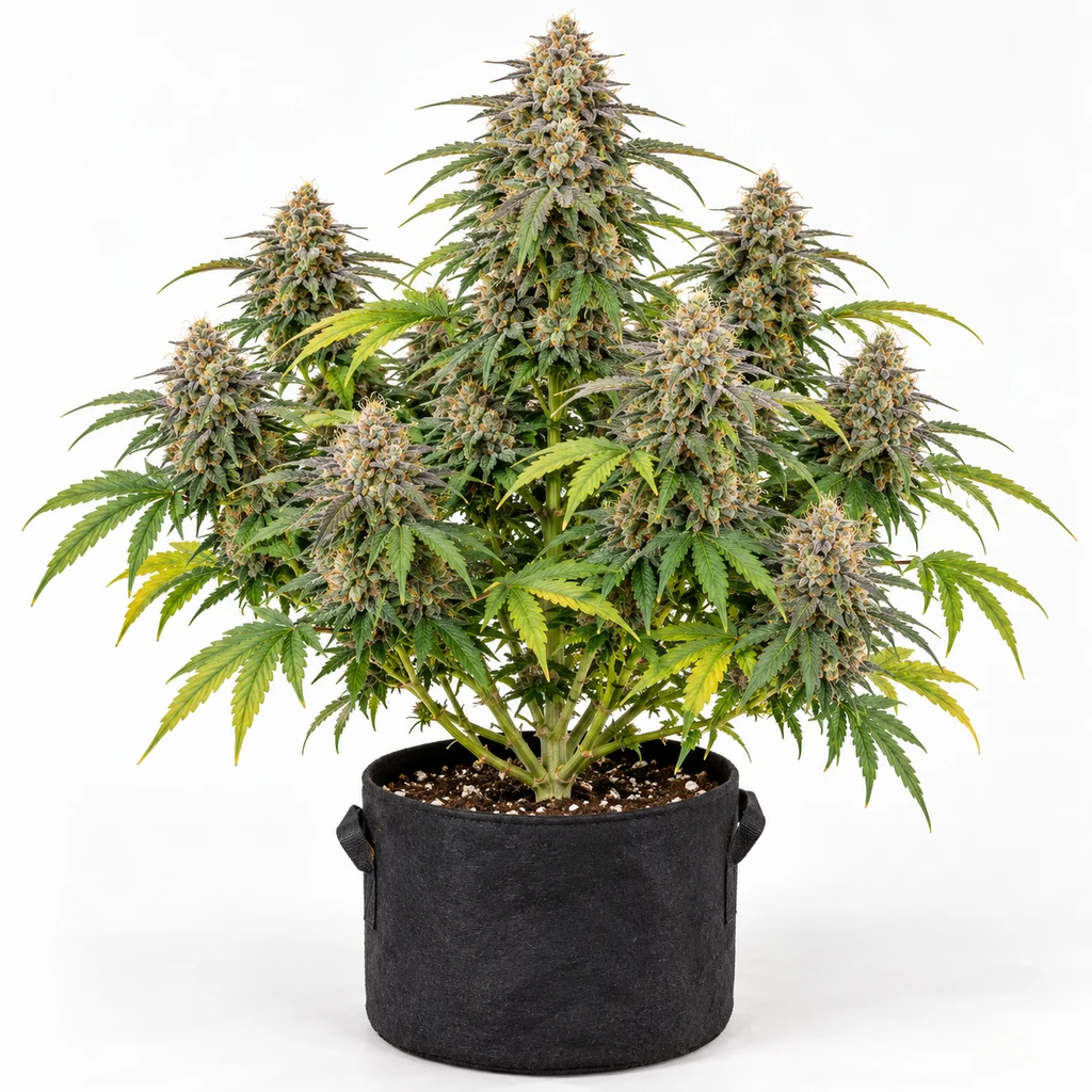 Ilustración de una planta de cannabis con varias colas floridas en maceta negra para la ficha de Wedding Cake Auto.