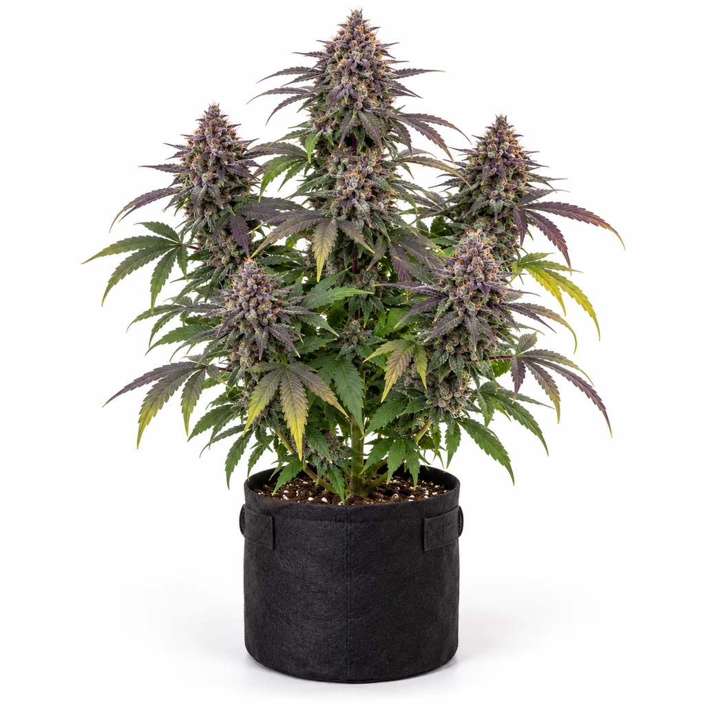 Ilustración de una planta con flores y hojas de tonos morados en maceta negra para la ficha de Purplematic CBD Autofloreciente.