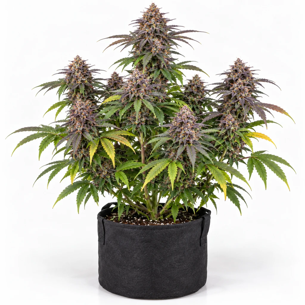 Ilustración de una planta en floración para la ficha de Auto Purple Cherry, con cogollos morados y hojas verdes en maceta negra.
