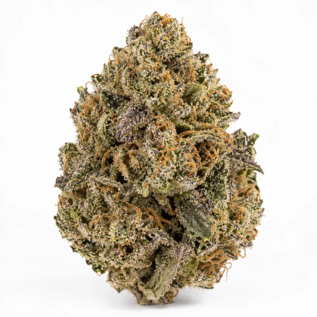 Ilustración de un cogollo verde y morado con pistilos naranjas para la ficha de Glue Lotus GG4 x Mellowz #8 Feminizada – Compound Genetics.