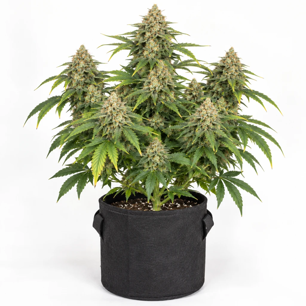 Ilustración de una planta en floración en maceta negra, con varias colas florales, para la ficha de Lemon Kush Feminizada.