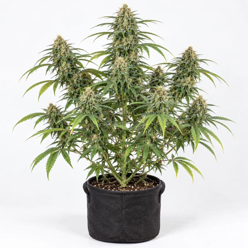 Ilustración de una planta de cannabis en floración para la ficha de Jet Fuel Feminizada, en maceta negra sobre fondo blanco.