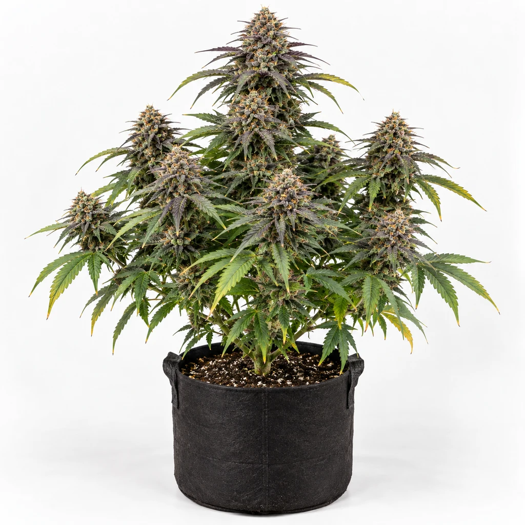 Ilustración de una planta en floración con cogollos y hojas verdes y moradas en maceta negra para la ficha de Dark Cookie Feminizada – Dr. Underground.