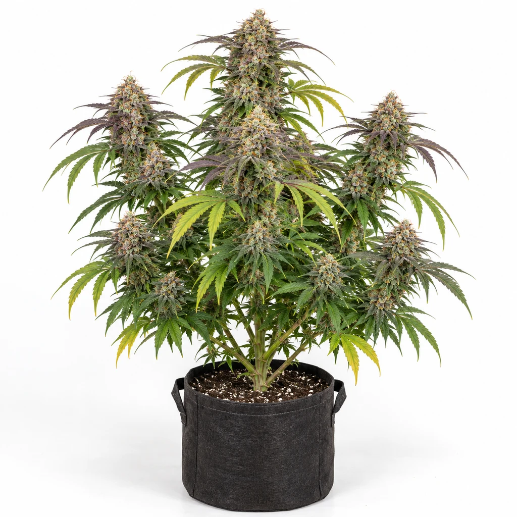 Ilustración de una planta en floración en maceta negra, con hojas verdes y moradas, para la ficha de Tropical Jam Feminizada.