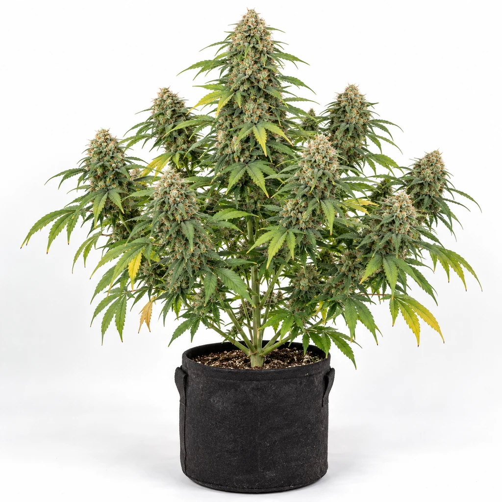 Ilustración de una planta ramificada con cogollos en maceta negra para la ficha de Super Skunk Feminizada de Seed Stockers.