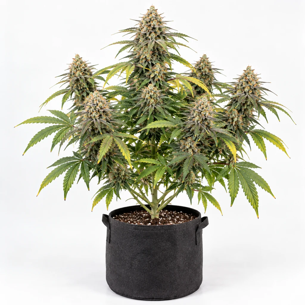 Ilustración de una planta de cannabis en maceta negra, con cogollos y hojas verdes y amarillas, para la ficha de Strawnana Mints Feminizada.