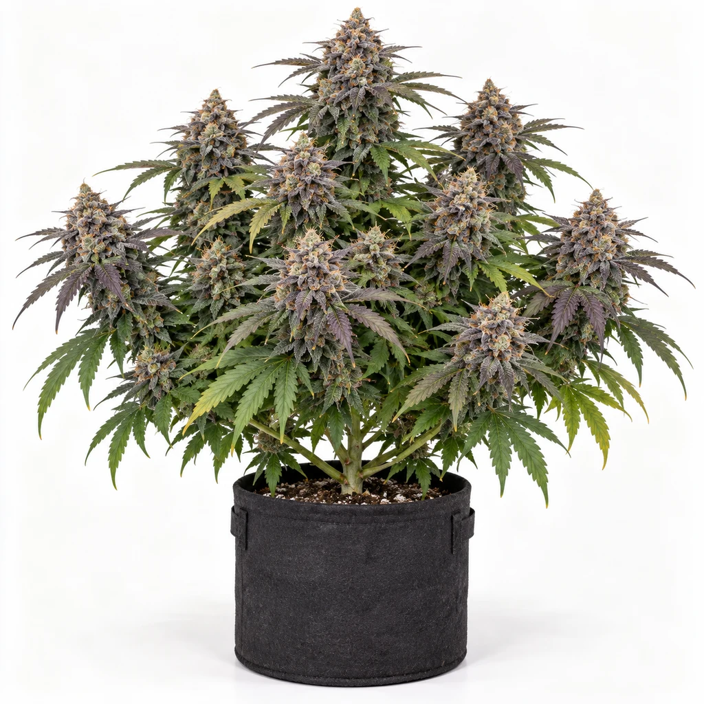 Ilustración de una planta para la ficha de Kush Mints x Purple Punch, con cogollos y hojas verdes y moradas en maceta textil negra.