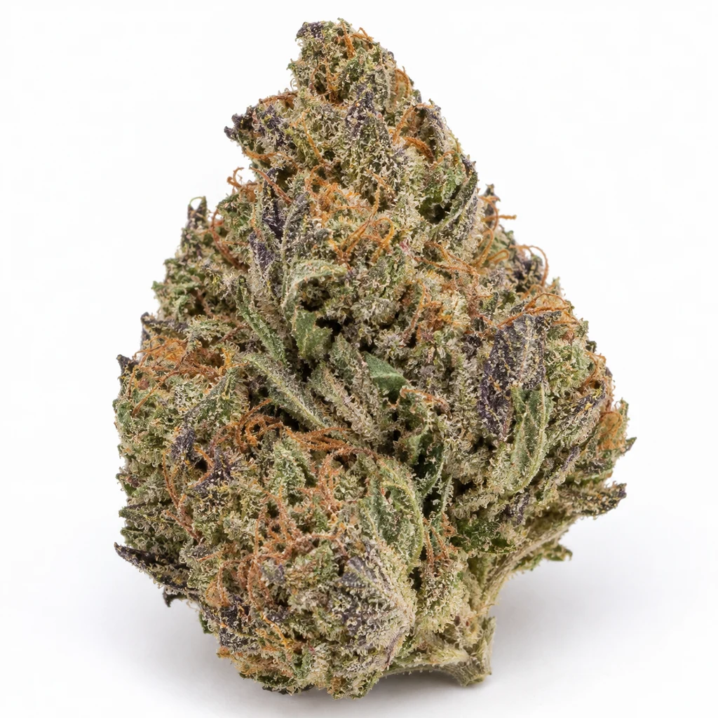 Ilustración de un cogollo verde y morado con filamentos naranjas para la ficha de Forbidden Fruit Cake Autofloreciente de Advanced Seeds.