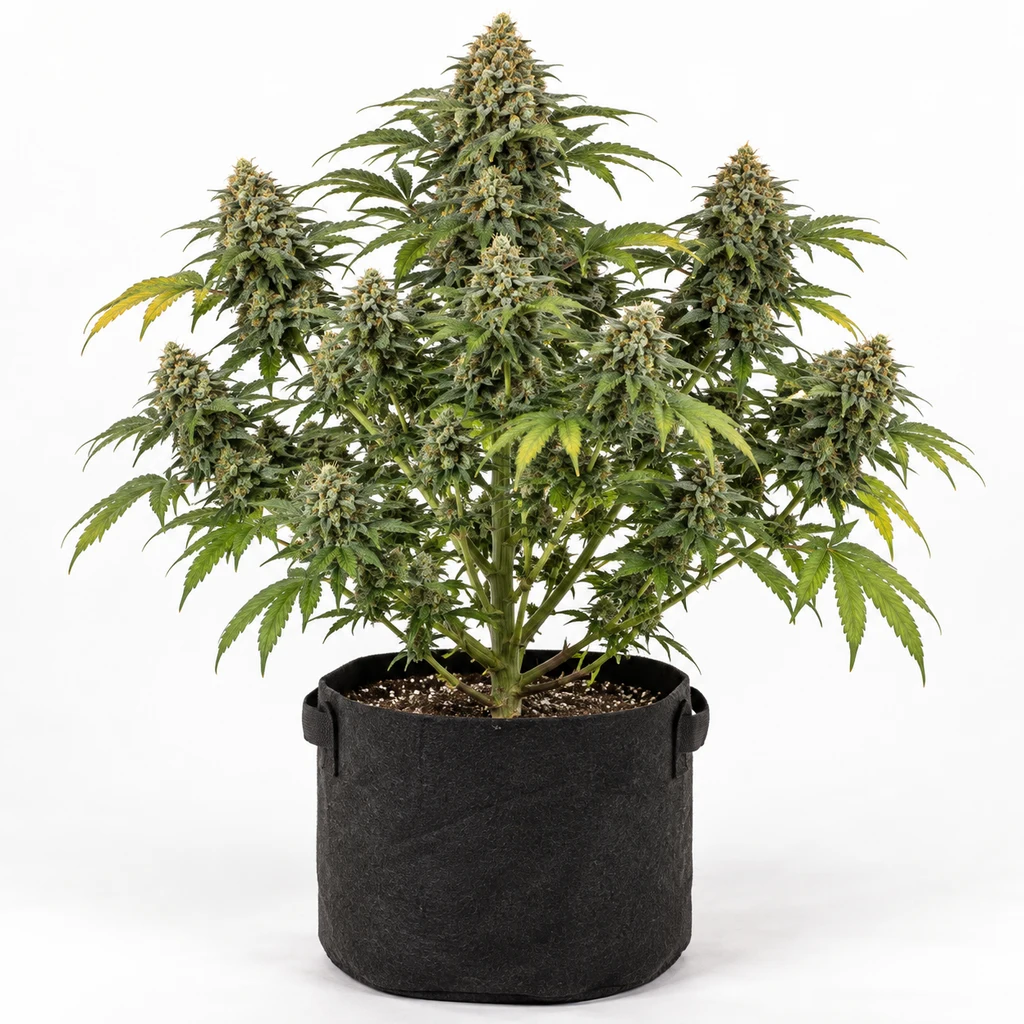 Ilustración de una planta de cannabis en floración para la ficha de Power Bud Feminizada, con varias colas y maceta negra sobre fondo blanco.