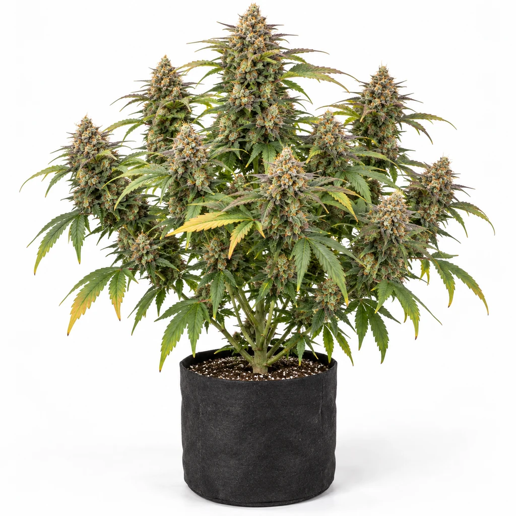 Ilustración de planta con abundantes cogollos y hojas verdes y amarillas en maceta negra para la ficha de Melonsicle 710 de TH Seeds.