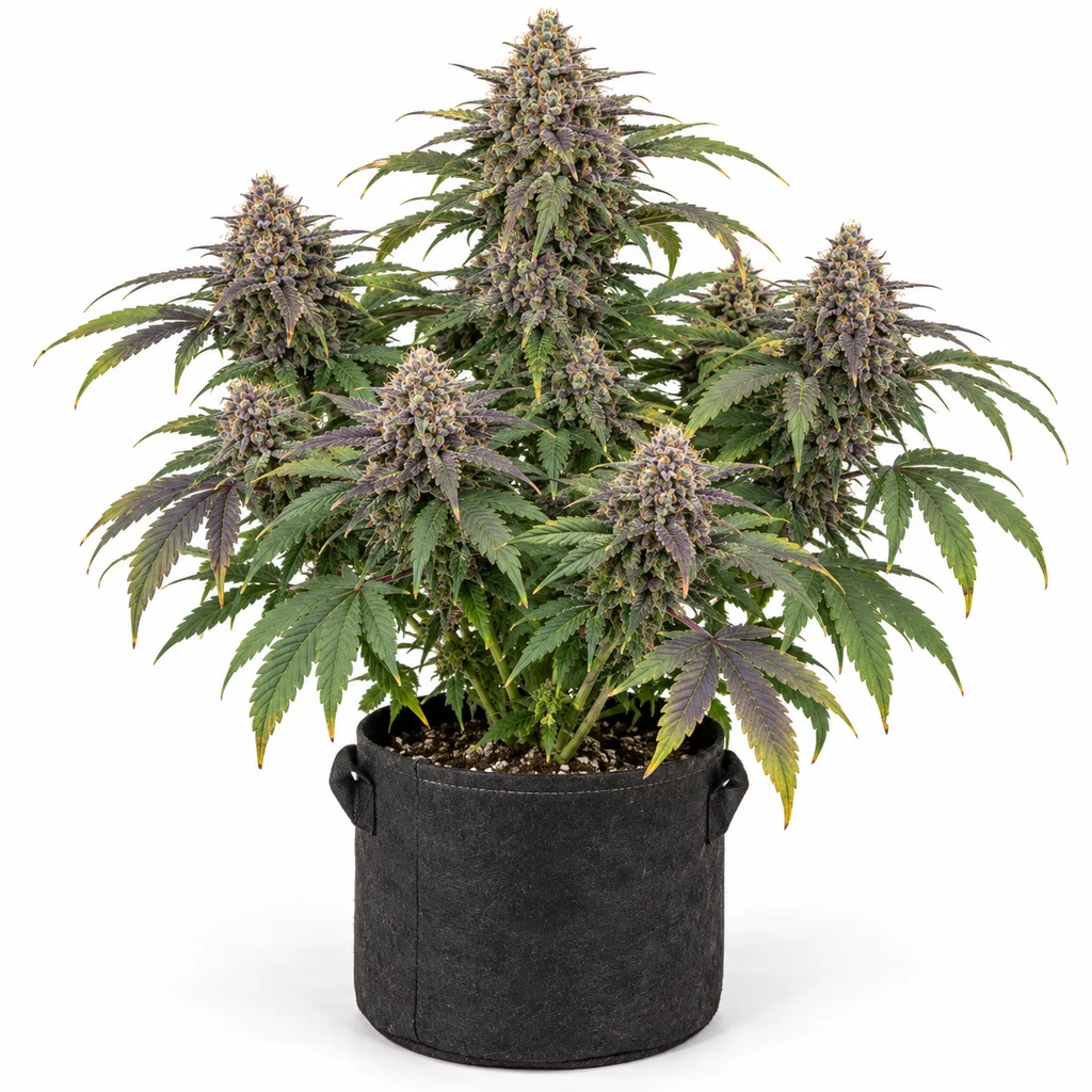 Ilustración de una planta de cannabis en floración para la ficha de Purple Punch Auto, con hojas verdes y moradas en maceta negra.