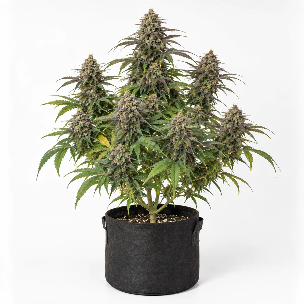 Ilustración de una planta de cannabis en floración en maceta negra, con cogollos voluminosos, para la ficha de Chocolatto Feminizada.