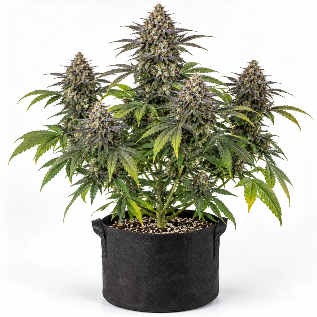 Ilustración de una planta de cannabis en floración para la ficha de Rockstar Z Regular, con cogollos voluminosos en una maceta textil negra.