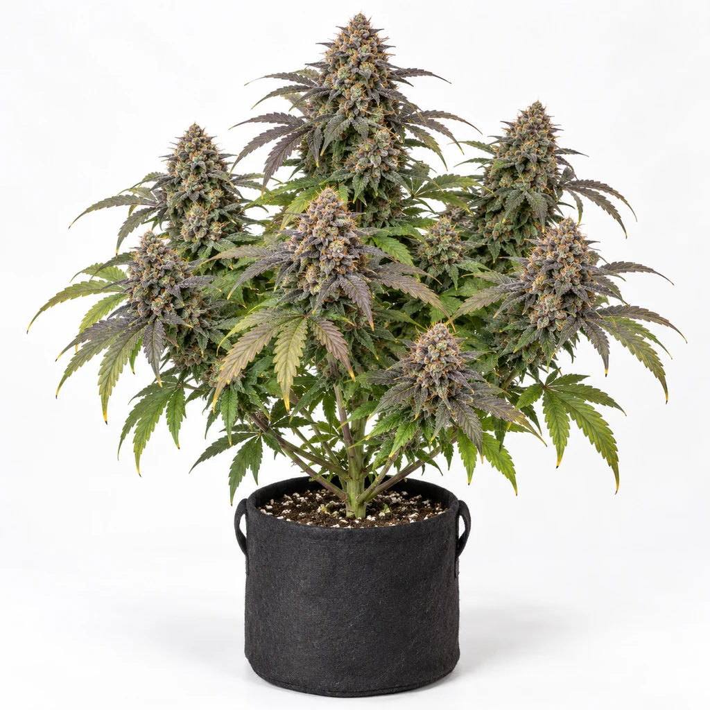 Ilustración de una planta en maceta negra, con varias colas florales y hojas verdes y moradas, para la ficha de Chocolate Truffle Shuffle.