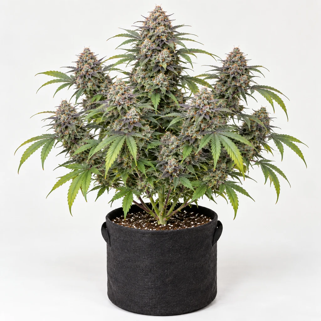 Ilustración de una planta en floración para la ficha de Bubblegum Gelato, con varias colas florales y maceta negra sobre fondo blanco.