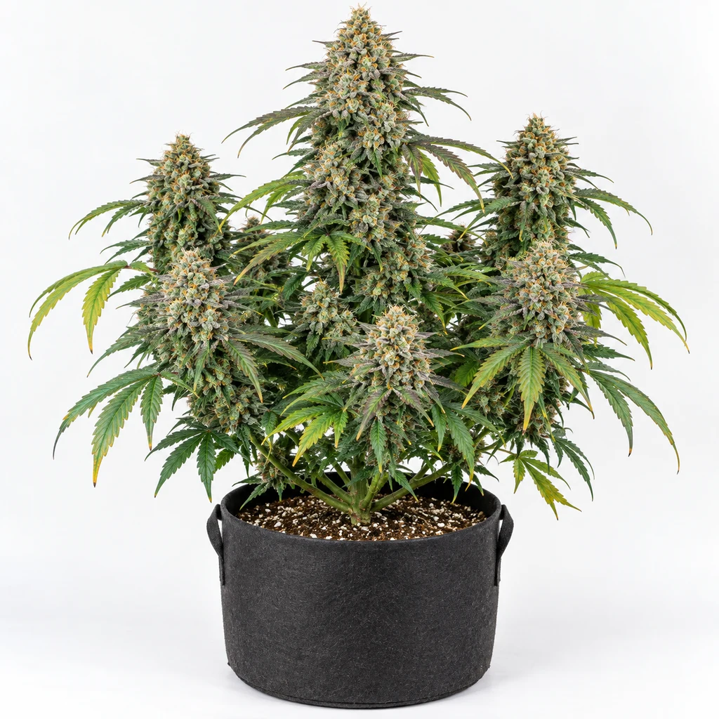 Ilustración de una planta de cannabis con flores alargadas en maceta negra, para la ficha de Thin Mint x Sour Pinot Auto de Barney's Farm.