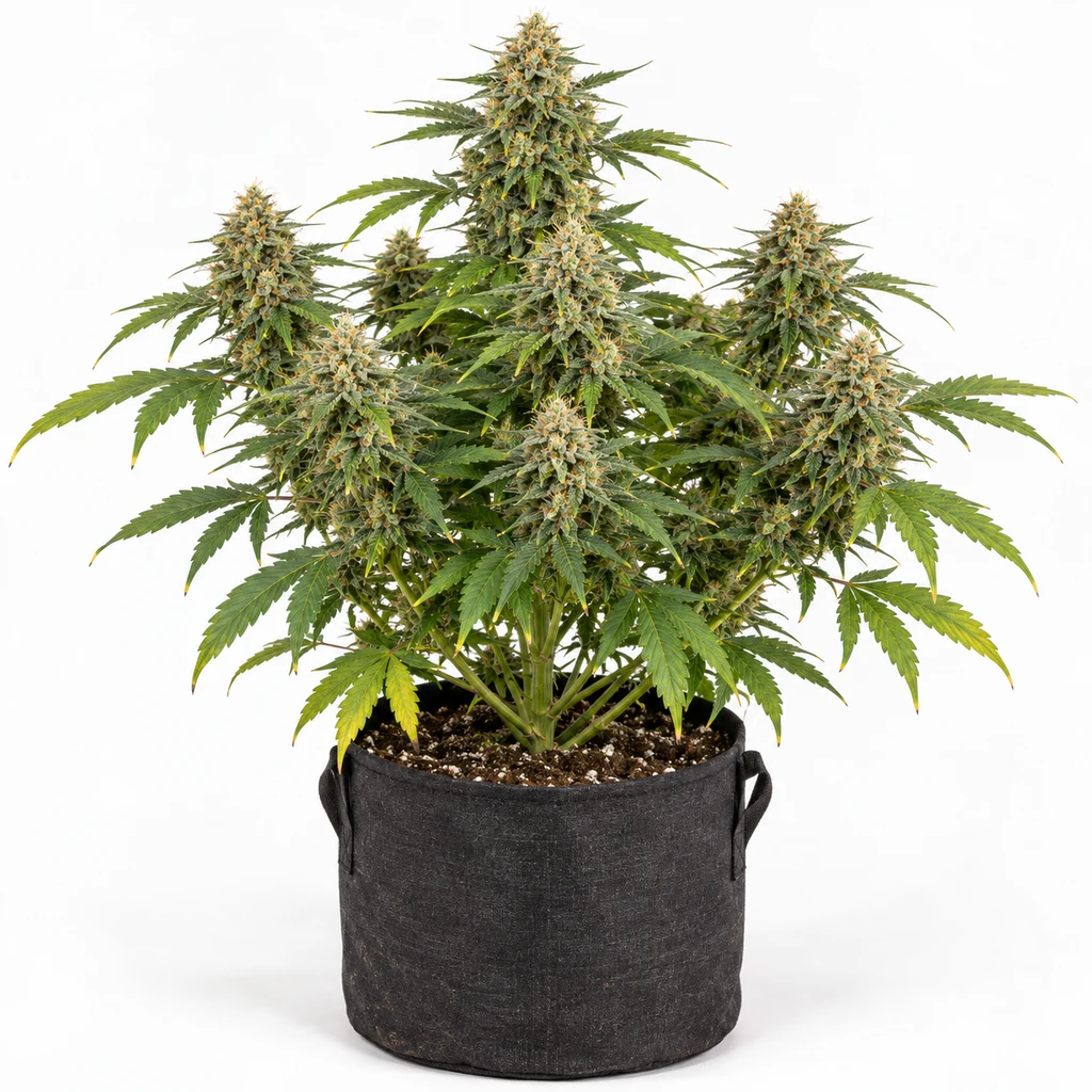 Ilustración de una planta de cannabis en floración en maceta negra, con varias ramas con cogollos, para la ficha de Amnesia Lemon Kush.