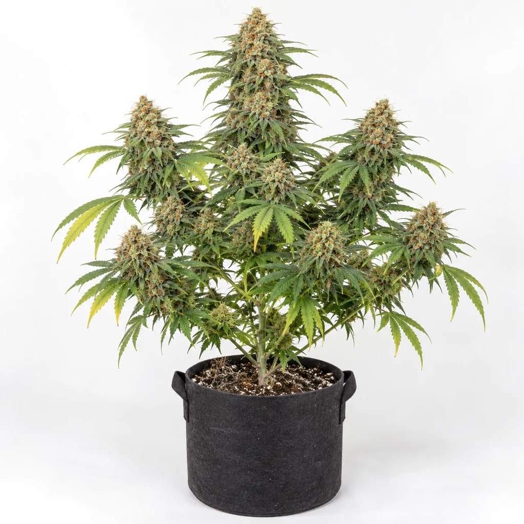 Ilustración de una planta de cannabis en floración para la ficha de Orange Bud Regular de Nirvana Seeds, en maceta textil negra.