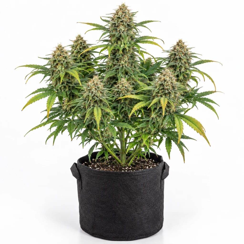 Ilustración de una planta en floración para la ficha de Critical Auto de Blimburn Seeds, con cogollos densos y maceta negra.