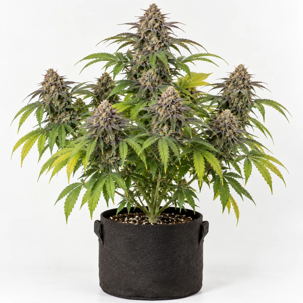 Ilustración de una planta de cannabis en floración para la ficha de Banana Runtz Feminizada, en maceta negra sobre fondo blanco.
