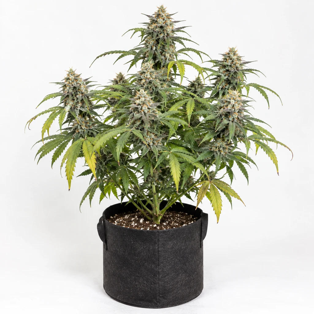 Ilustración de una planta de cannabis en floración para la ficha de Lemon Sorbet Feminizada, en maceta textil negra sobre fondo blanco.