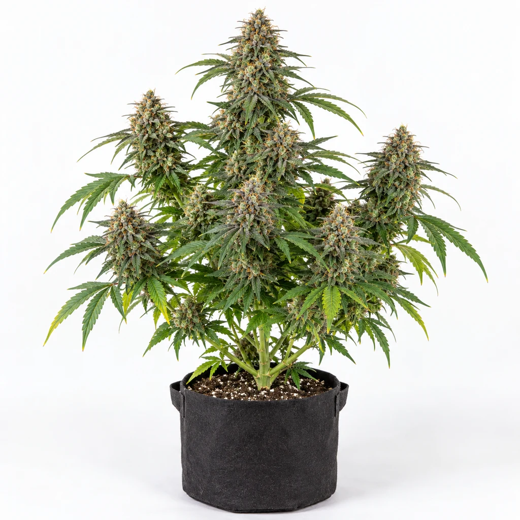 Ilustración de una planta en floración para la ficha de Auto Mystic Cookie, con cogollos alargados y hojas verdes en maceta negra.
