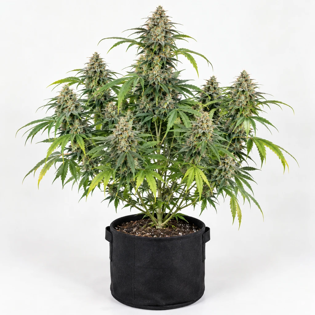 Ilustración de una planta en floración con varios cogollos y hojas verdes y amarillas en maceta negra para la ficha de Sour Diesel Feminizada – Nirvana Seeds.