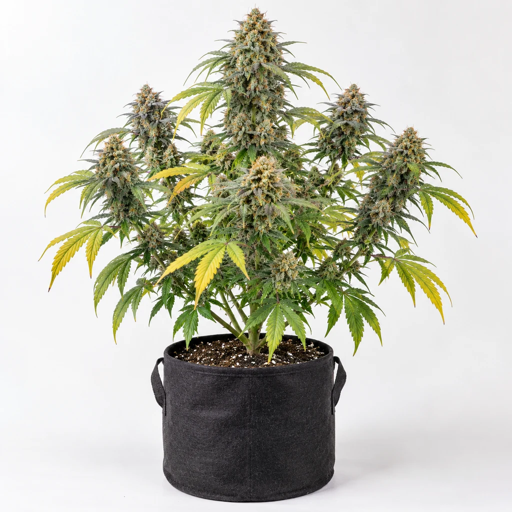 Ilustración de cannabis en floración para la ficha de Banana Latte, con cogollos voluminosos y hojas amarillentas en maceta negra.