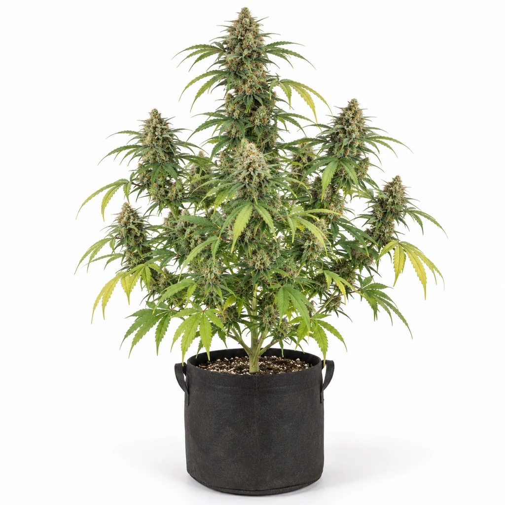 Ilustración de una planta de cannabis en floración en maceta negra, con cogollos alargados, para la ficha de Moby Big de Bulk Seeds.
