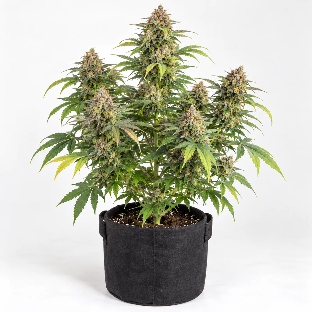 Ilustración de una planta en floración en maceta negra para la ficha de Mango Sherbert Auto Humboldt Seeds, sobre fondo blanco.